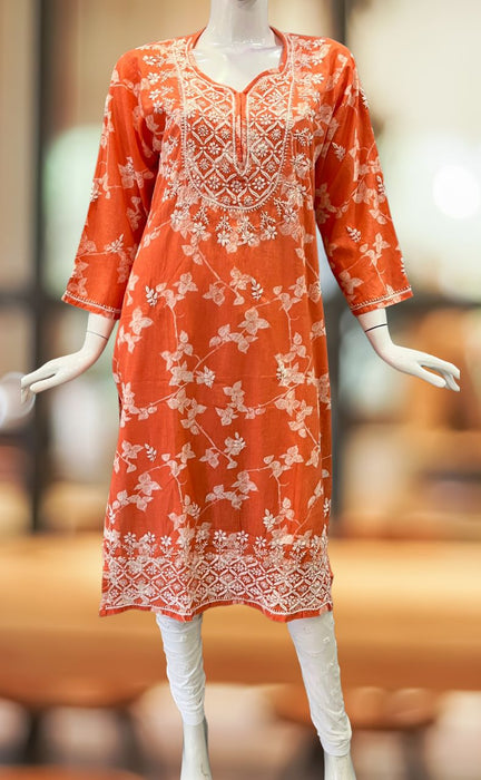 South cotton orange kurti and white pant with embroidery - Kurti Fashion